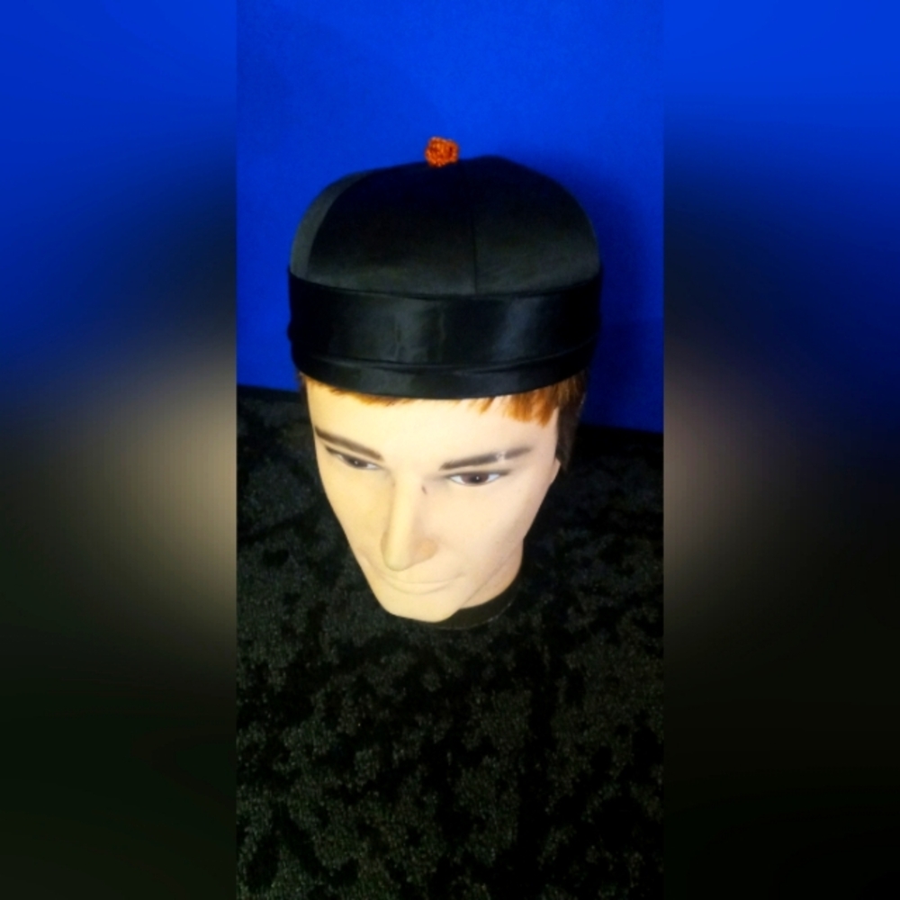 Black Satin Japanese asain Skullcap with Contrast Top Button Men Grooming size8